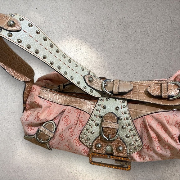 RARE Vintage Y2K Guess Orange Monogram Studded Hobo Shoulder Bag - Picture 4 of 10